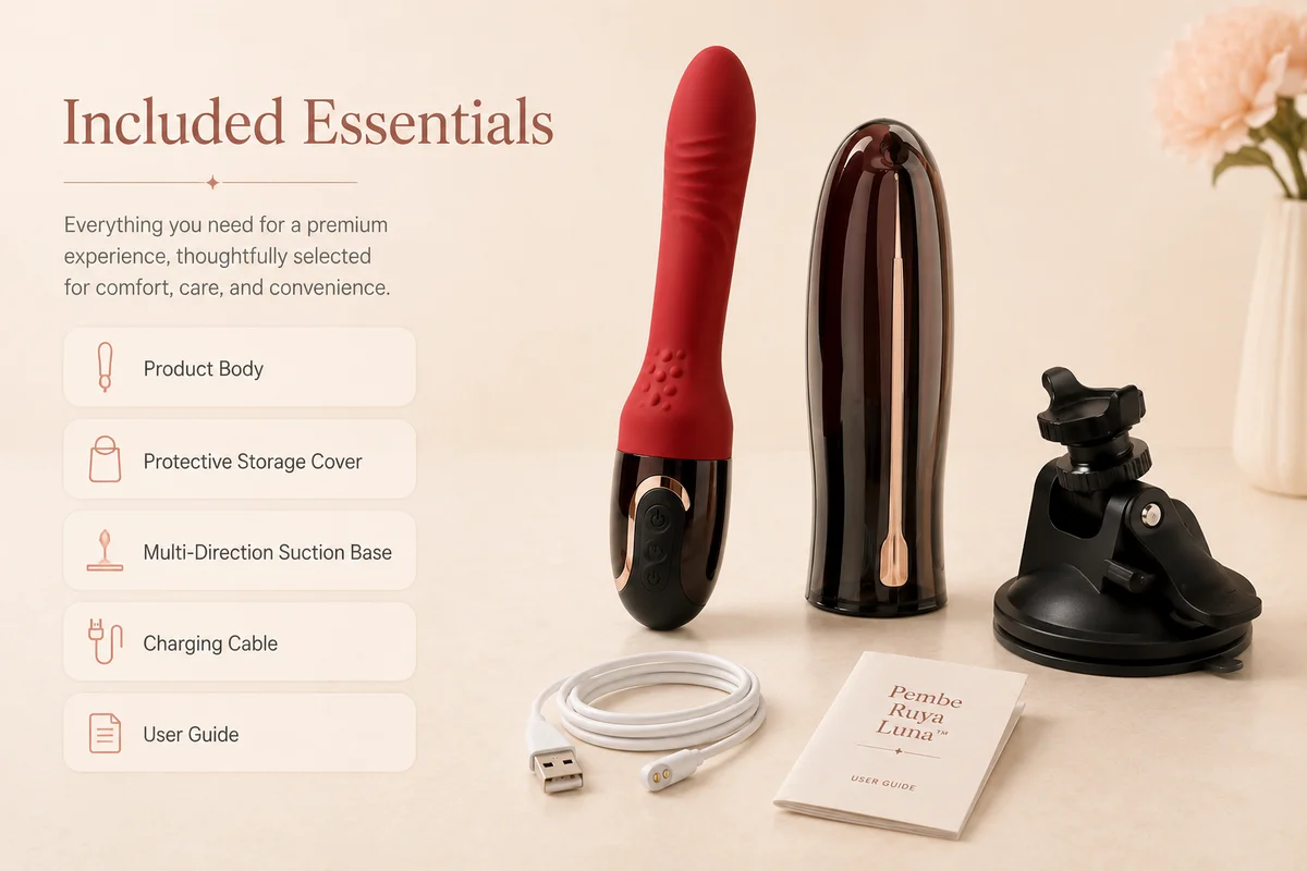 Pembe Ruya Luna included essentials with product body, protective storage cover, suction base, charging cable and user guide